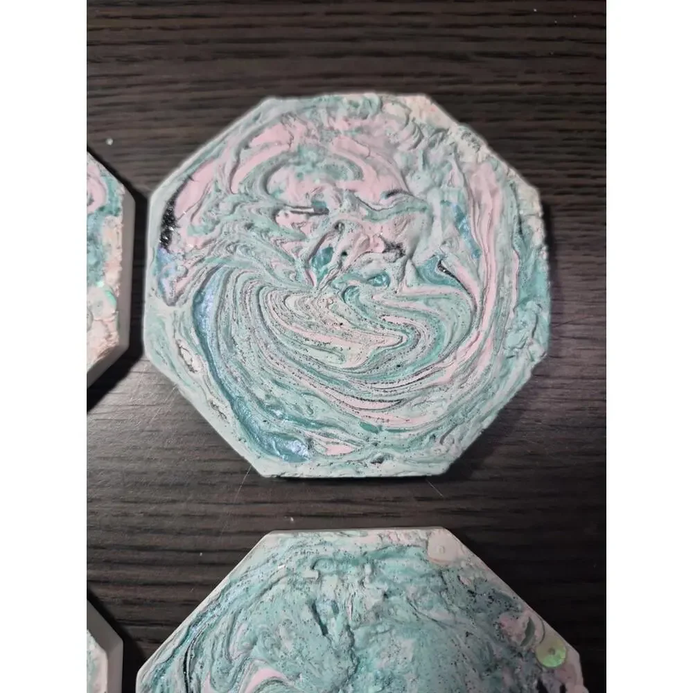 4 Teal/Pink White Marbled Eco Resin Stone Look Hexagon Coasters 4” Handmade